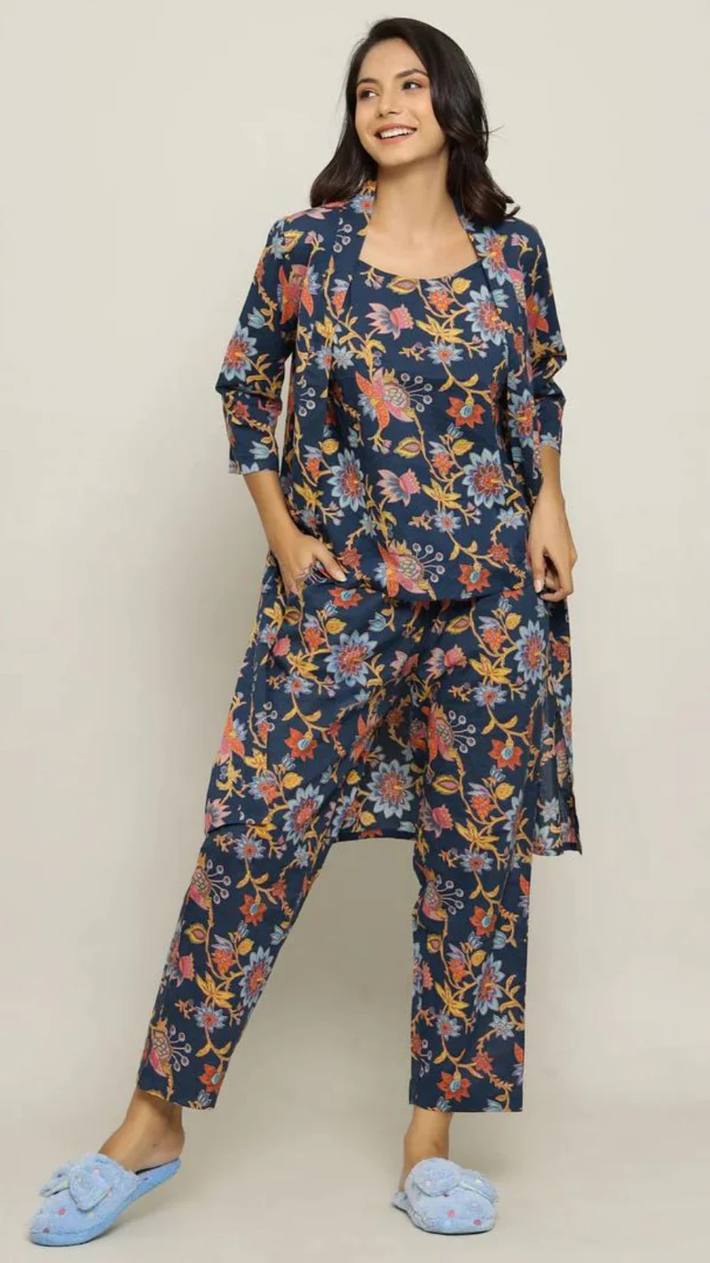 Blue Cotton Printed 3 PEICE Night Suit
